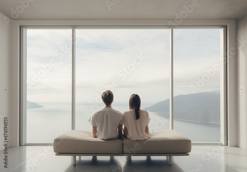 couple relaxing in modern interior, in the style of back button focus, harmony with nature : Generative AI #676196851