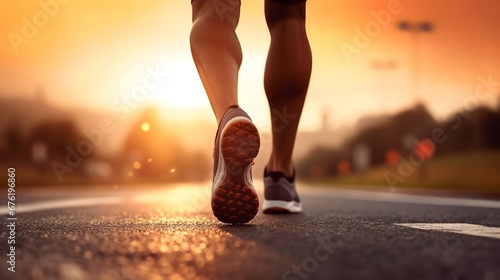 Running sport. Man runner legs and shoes in action on road outdoors at sunset. Male athlete model. : Generative AI