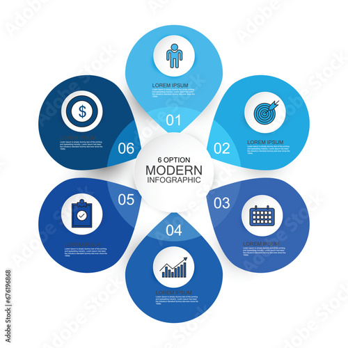 Modern infographic design template. Simple circular diagram with 6 successively connected round elements