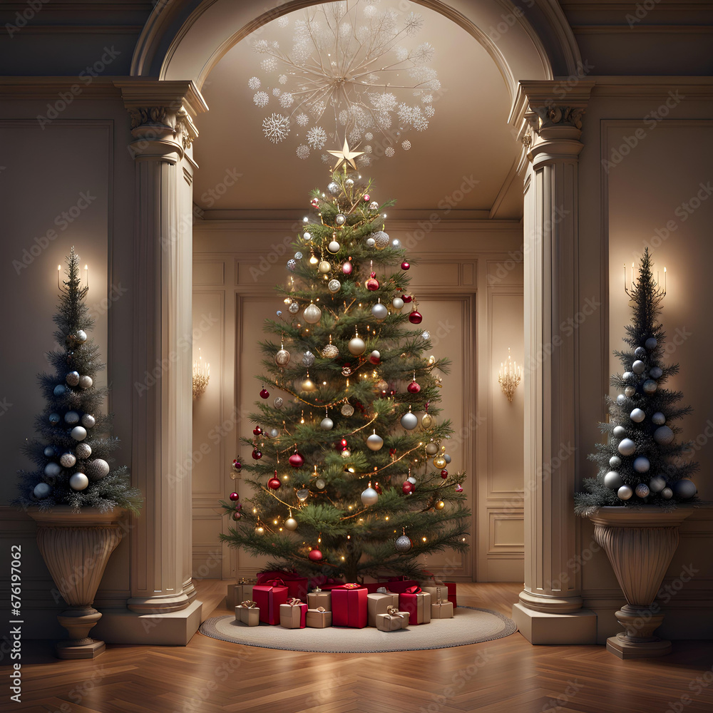 Large and luxurious Christmas tree and house