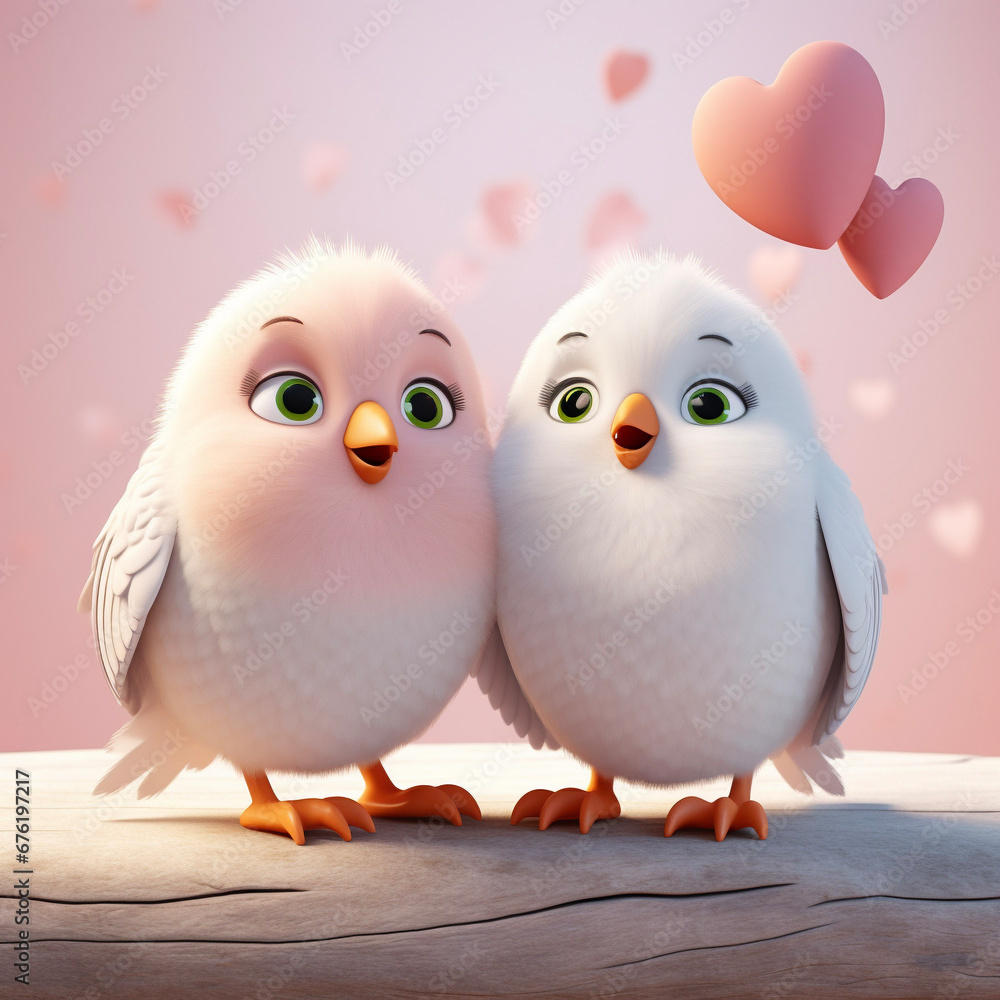 Two Cute little pink birds and hearts on a pink Valentine's Day background, illustration, love concept