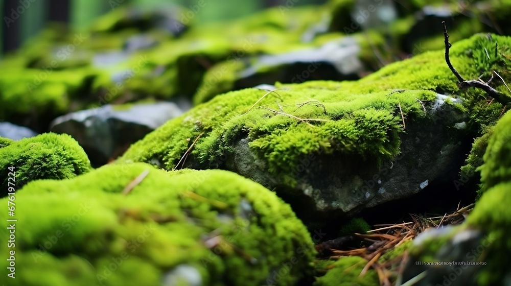 Beautiful Bright Green moss grown up cover the rough stones and on the floor in the forest. Show with macro view. Rocks full of the moss texture in nature for wallpaper. : Generative AI Beautiful Bright Green moss grown up cover the rough stones and on the floor in the forest. Show with macro view. Rocks full of the moss texture in nature for wallpaper. : Generative AI