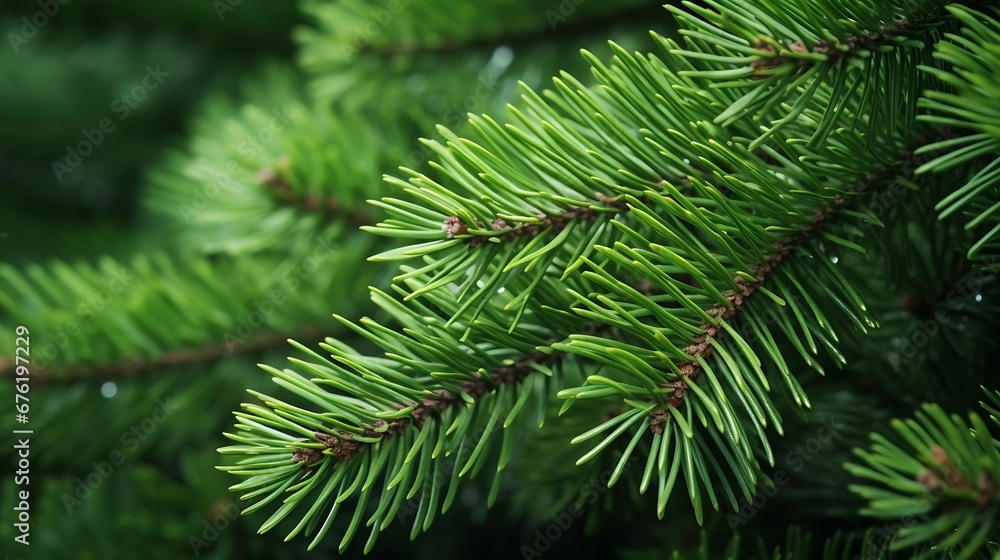 green branches of a pine tree close-up, short needles of a coniferous tree close-up on a green background, texture of needles of a Christmas tree close-up : Generative AI