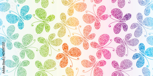 Vector seamless spring pattern with hand-drawn colorful gradient butterflies on a white background photo