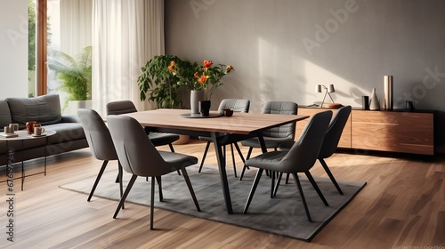 Spacious flat interior with gray sofa, wooden dining table, black chairs and a rug on a wooden floor. Real photo : Generative AI © Generative AI