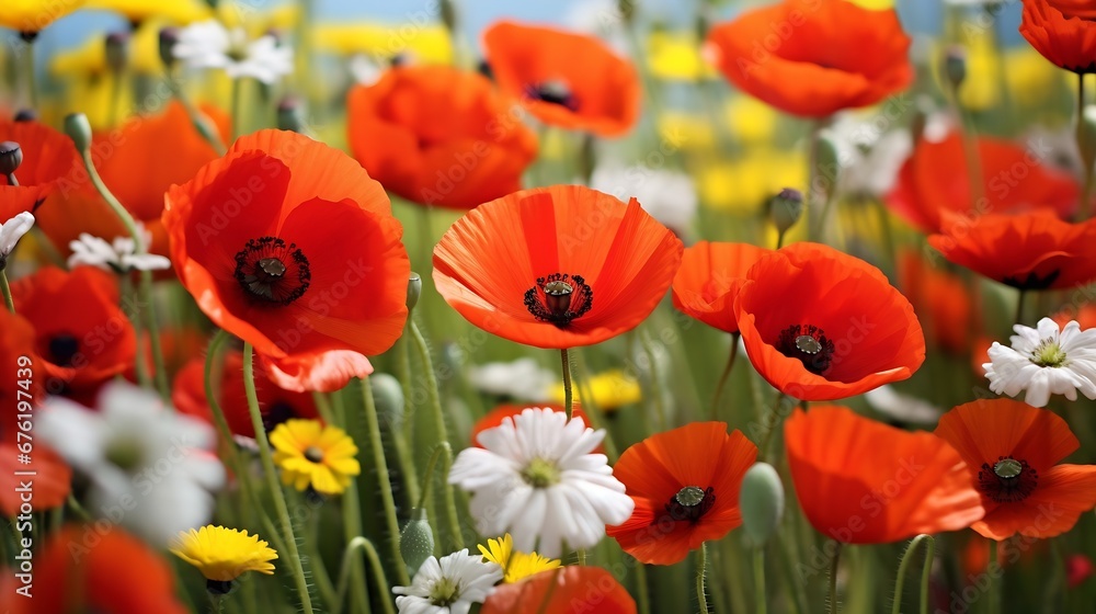 Daisies and poppies on sunny spring meadow. Horizontal close-up with short deep of focus. Natur background concept for leisure and ecology with space for text and design. : Generative AI