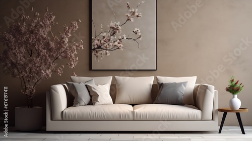 Creative composition of living room interior with modular beige sofa  coffee table  armchair  decoration  stucco  vase  beautiful dog lying on the rug and personal accessories. Home de   Generative AI