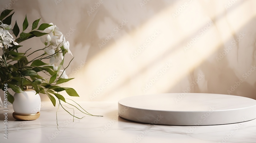 Luxury marble table with plant shadow on white wall and stone podium for product placement display. Trendy neutral aesthetic mockup template for beauty and cosmetics scene. : Generative AI Luxury marble table with plant shadow on white wall and stone podium for product placement display. Trendy neutral aesthetic mockup template for beauty and cosmetics scene. : Generative AI