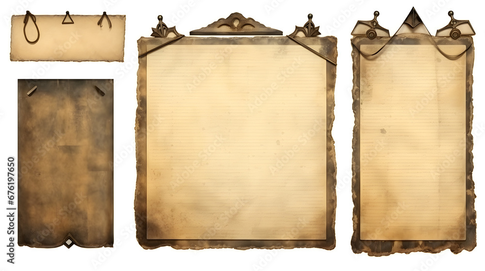 vintage paper sheets, book, old photo frames and corners, antique clipboard isolated on white background. generative AI.