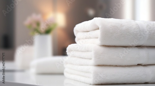 Spa towel stack on white table on bathroom interior background_1 : Generative AI
