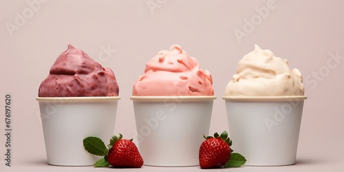 Mockup Strawberry frozen yogurt or soft ice cream, vanilla and chocolate frozen yogurt or soft ice cream in blank paper cup packaging template mockup collection with isolated backgroun : Generative AI photo