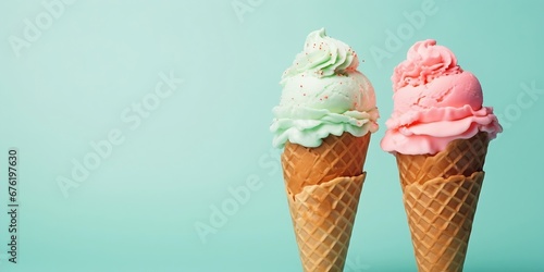 Pastel ice cream in waffle cones, bright background, copy space : Generative AI