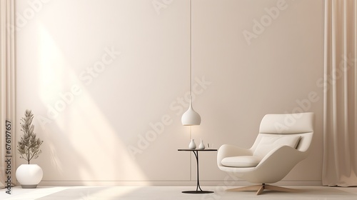super white simple clean and stylish interior with modern furniture in nude color and contrasting black elements. luxury design of a large bright room living room : Generative AI photo
