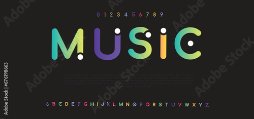 MUSIC modern alphabet. Dropped stunning font, type for futuristic logo, headline, creative lettering and maxi typography. Minimal style letters with yellow spot. Vector typographic design 