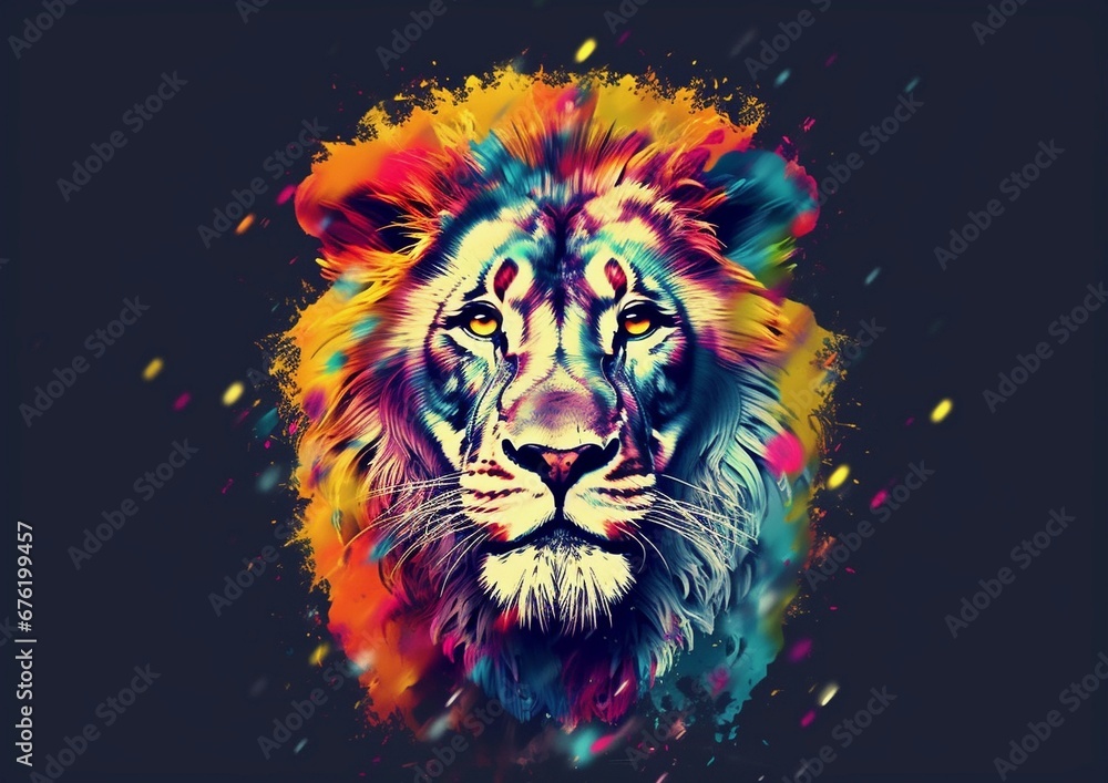 Wild color art, close-up of colorful lion head and face, psychedelic bright, beautiful and colorful, T-shirt clothing design material, black background