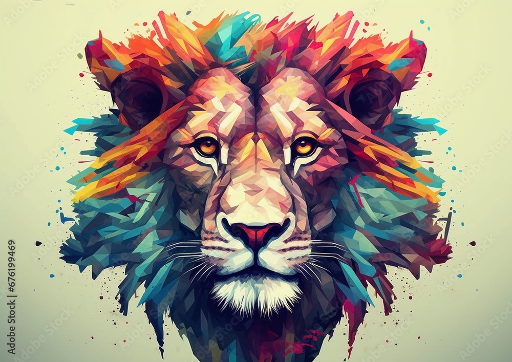 Wild color art, close-up of colorful lion head and face, psychedelic bright, beautiful and colorful, T-shirt clothing design material, Beige background