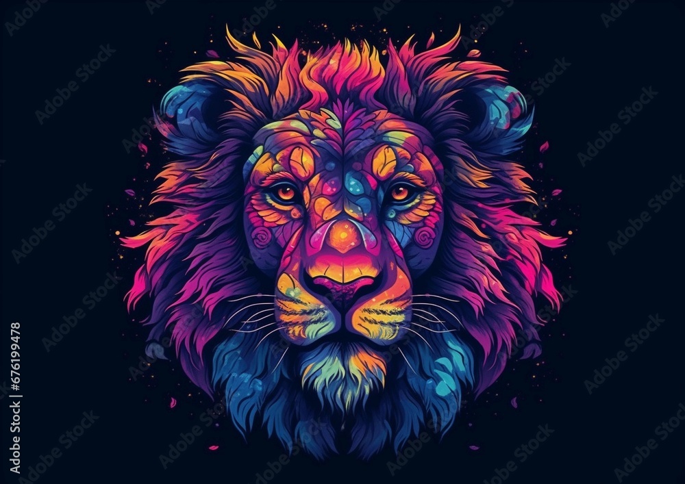 Wild color art, close-up of colorful lion head and face, psychedelic bright, beautiful and colorful, T-shirt clothing design material, black background