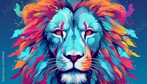 Wild color art  close-up of colorful lion head and face  psychedelic bright  beautiful and colorful  T-shirt clothing design material  black background