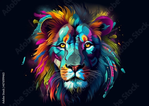 Wild color art  close-up of colorful lion head and face  psychedelic bright  beautiful and colorful  T-shirt clothing design material  black background