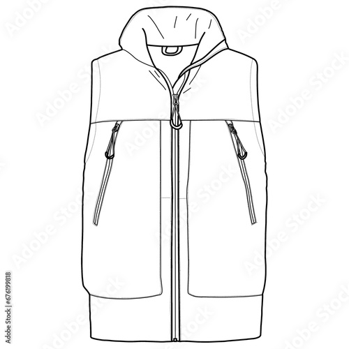 Windproof vest for outdoor adventures. Design on a white background. Technical vector sketch. Mockup template.