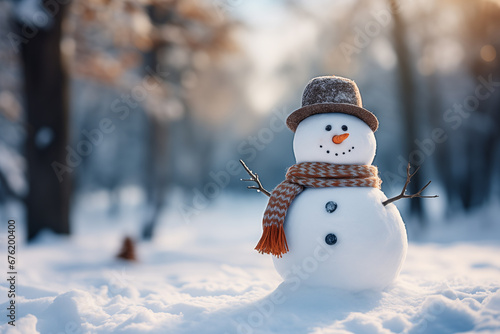 Winter snowman with a hat standing on snow in the forest © kazakova0684
