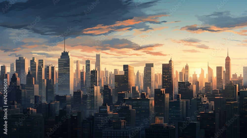 Amidst the city's hustle and bustle, skyscrapers stand as stoic guardians, their polished facades gleaming with the first light of day