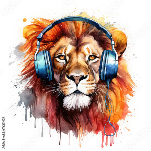 Dj lion with headphones and sunglasses Illustration, Generative Ai