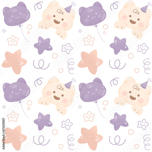 Wallpaper Mural cute cat doodle balloon star paw watercolor pastel purple colour Seamless pattern for baby shower nursery birthday party Happy child background backdrop wallpaper  Torontodigital.ca