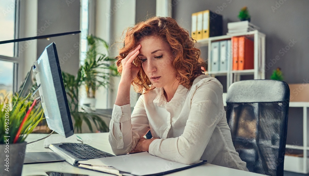 Obraz premium businesswoman working on her laptop, Professional Strife: Young Woman Confronts Work-related Issues