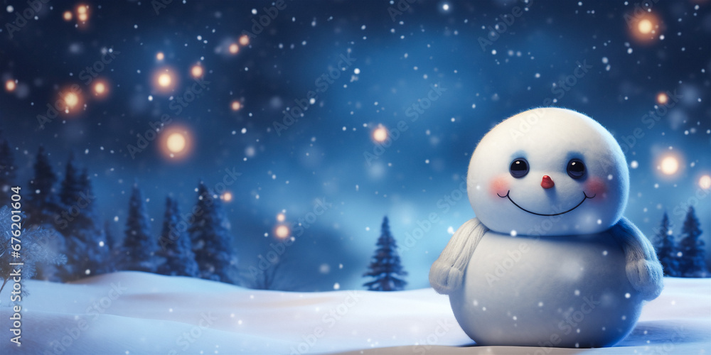 Obraz premium Happy snowman standing in snowy winter landscape. Merry Christmas and Happy New Year, copy space.