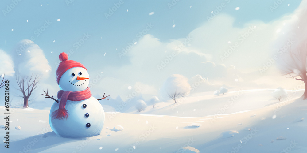 Fototapeta premium Happy snowman standing in snowy winter landscape. Merry Christmas and Happy New Year, copy space.