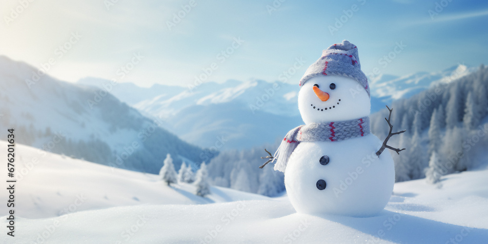 Obraz premium Happy snowman standing in snowy winter landscape. Merry Christmas and Happy New Year, copy space.