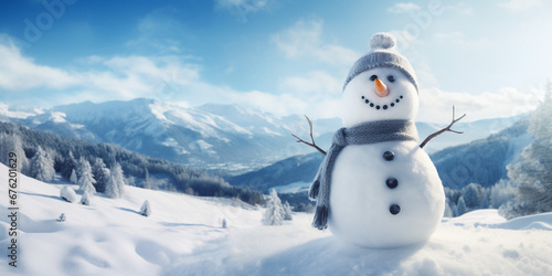 Happy snowman standing in snowy winter landscape. Merry Christmas and Happy New Year, copy space. © PicMedia
