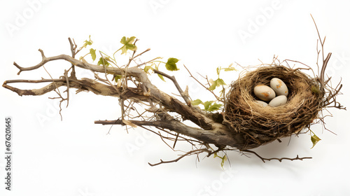 bird nest with eggs on branch