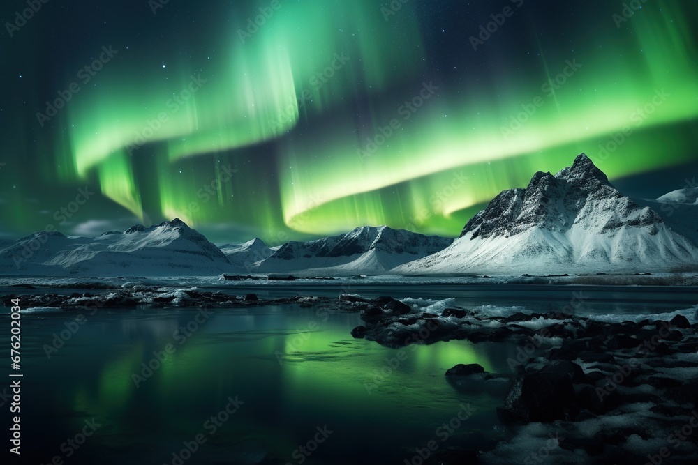 Northern lights over snowy mountain range with reflection in water