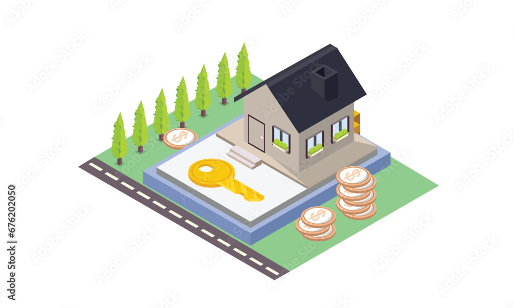 Isometric buying a new house signing a deal with real estate agent.on white background.isometric design. 3D design elements for construction of urban and village landscapes.