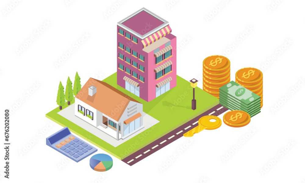 Isometric Conceptual template with house, keys, calculator, coins and banknotes. on white background.isometric design. 3D design elements for construction of urban and village landscapes.