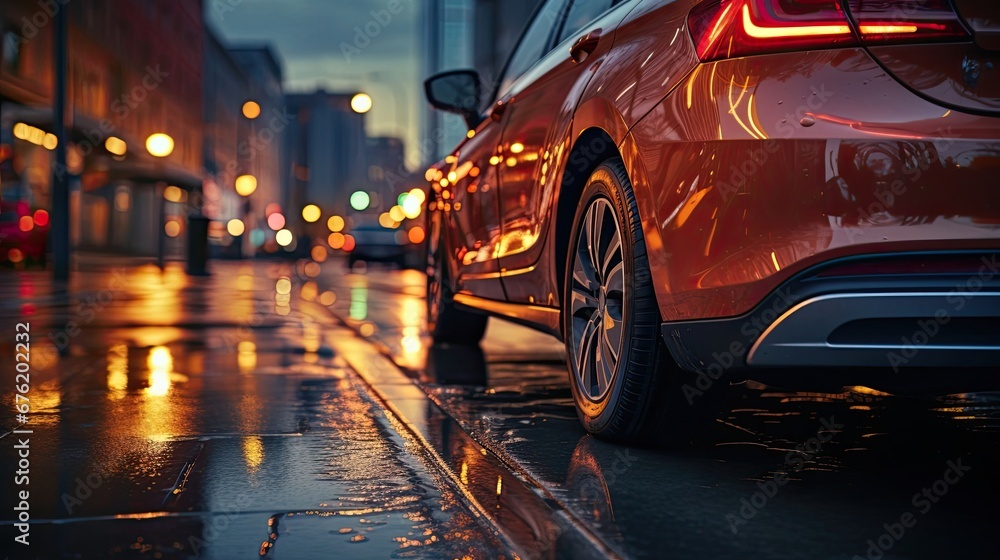 Side view of a beautiful modern red car parked in a big city at sunset Side view of a beautiful modern red car parked in a big city at sunset