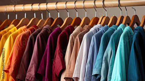 Many beautiful fashionable bright multi-colored shirts on hangers in a fashionista's wardrobe