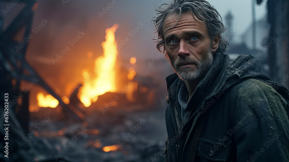 an adult man, a sad look, the ruins of a house in the background, flames and smoke from a fire