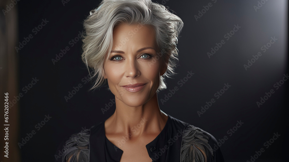 beautiful adult woman, portrait shot, gray hair, dark abstract background beautiful adult woman, portrait shot, gray hair, dark abstract background