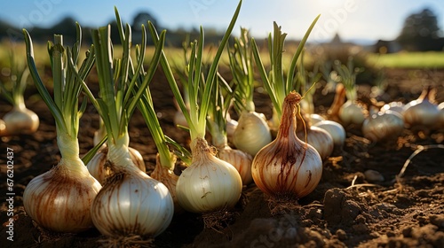 Fresh natural eco onions, shallots on a bed in a field. Concept of natural vegetables, healthy, eco products and farming