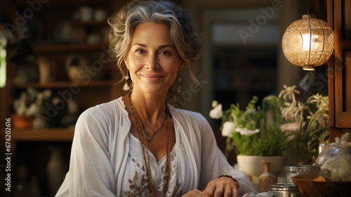 Adult beautiful woman in white blouse smiling while sitting at table at home