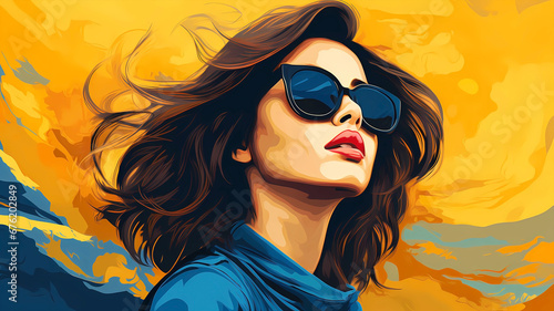 Hand drawn cartoon illustration of beautiful fashionable woman wearing sunglasses 