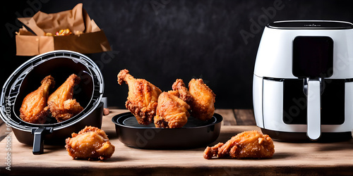 Air fryer cooking machine and french fries, fried chicken on black background. photo