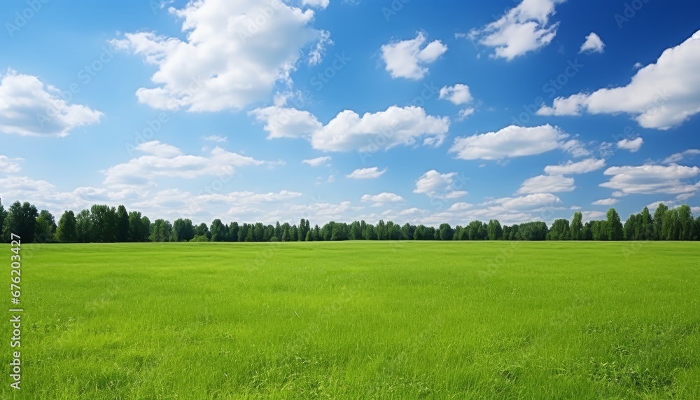 breathtaking view of vast lush green fields and serene blue sky with fluffy white clouds