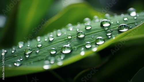 Stunning macro shot of vibrant green leaf with glistening raindrops and morning sunlight