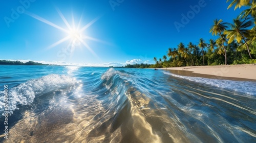 Awe inspiring sunset over tropical beach golden sunlight, soft sand, and crystal clear ocean waves