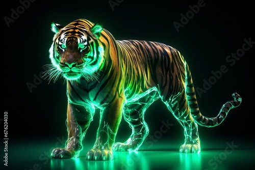 3D Render Tiger glowing in vivid neon Colors in the dark Wallpaper Background