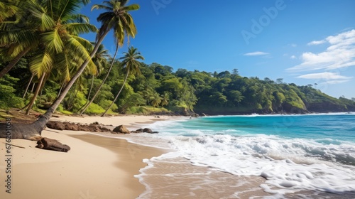 Awe inspiring tropical summer beach with golden sunlight and crystal clear ocean water